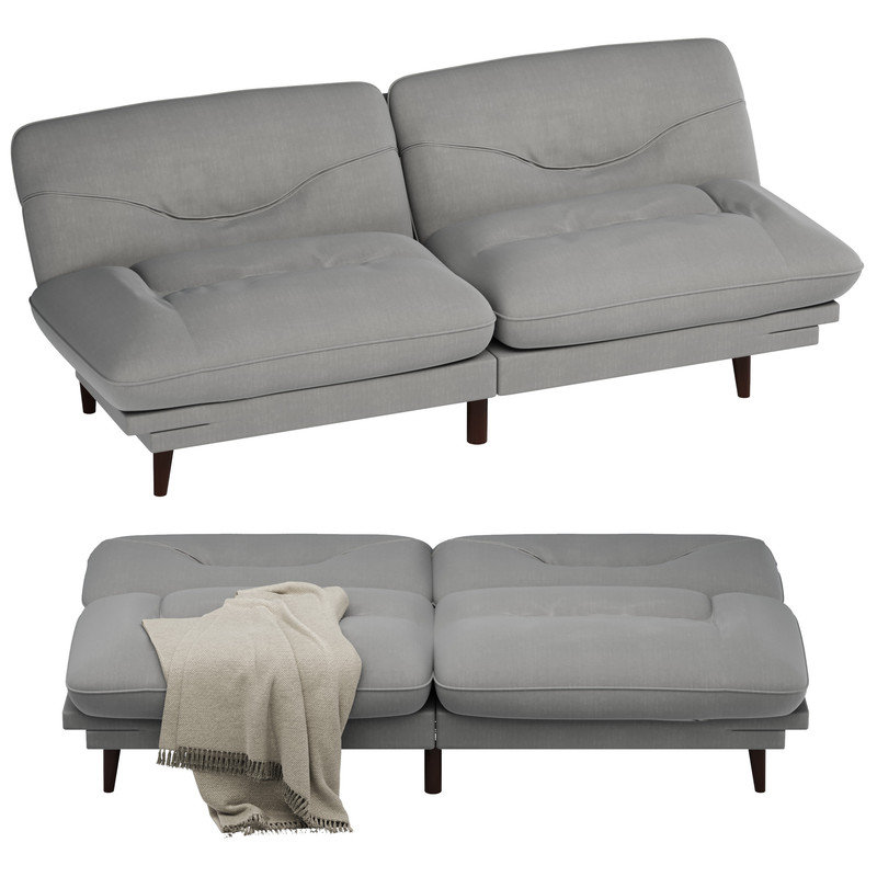 65” Futon multi-person sofa that can be converted into bed with adjustable back and ends, Light Gray Linen