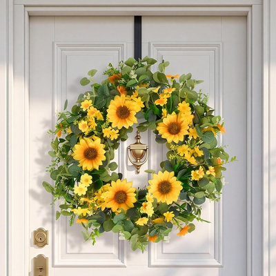 Couronne d'eucalyptus et de tournesol 20 po pour porte décorative avec porte suspendue couronne de printemps artificielle jaune et vert pour l'intérieur et l'extérieur