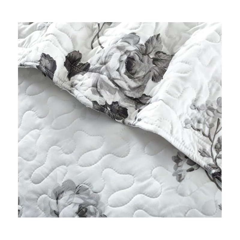 Andrena Microfiber Bedspread with Pillow Shams, Grey, Floral, Single Bedspread + 1 Standard Pillow Sham
