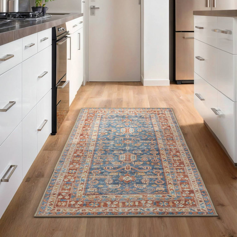 GLN Rugs Traditional Collection - Machine Washable Area Rug, Traditional Washable Rug, Non Slip Washable Rug, Low Pile Chenille Living Room Rug, Bedroom Rug, Kitchen Rug (Terra and Blue Rug)