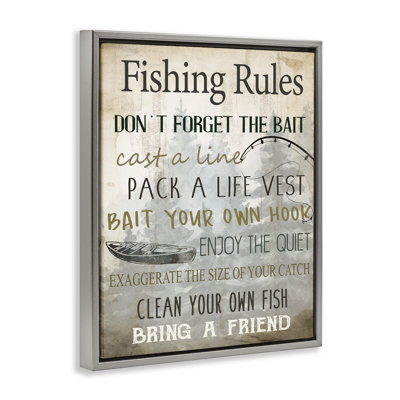 «Fishing Rules List», art mural encadré flottant doré par Kim Allen