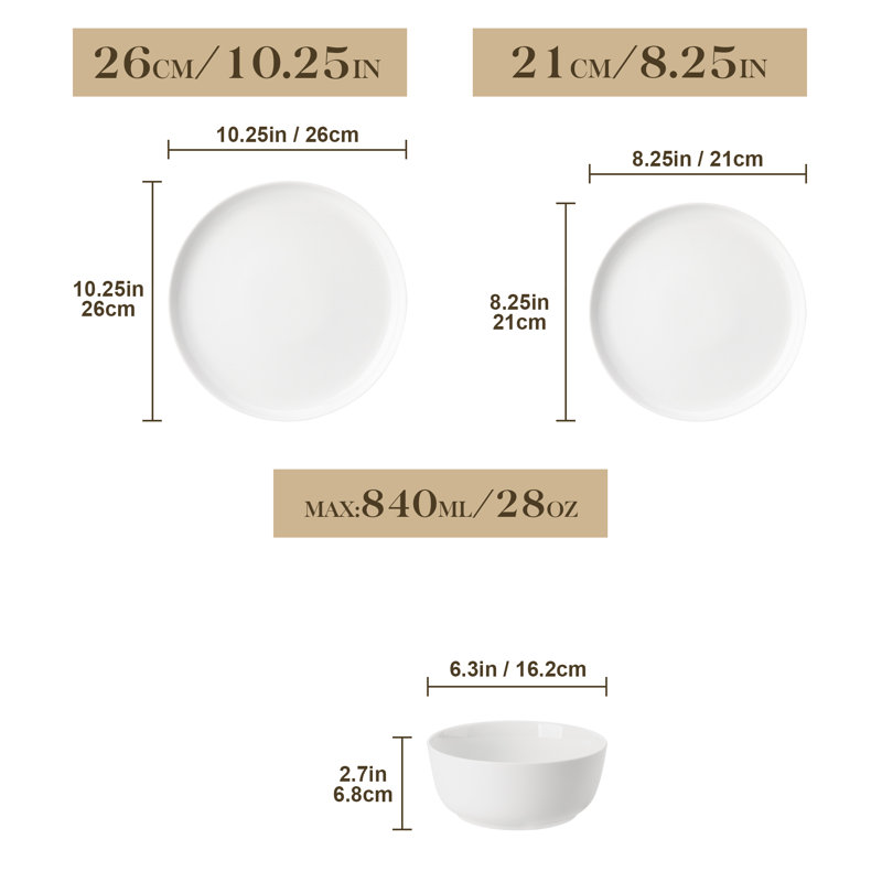 Porcelain China Dinnerware Set 18 Piece - Service for 6, White/Ivory