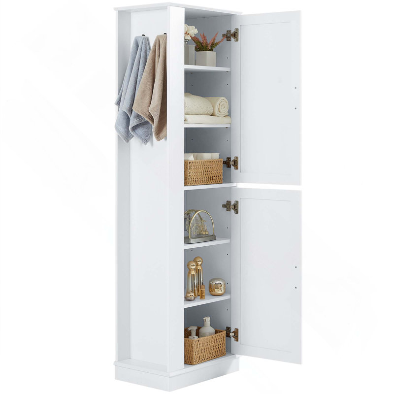 Freestanding MDF Board Tall Bathroom Storage Cabinet With Hook And Adjustable Shelf, White