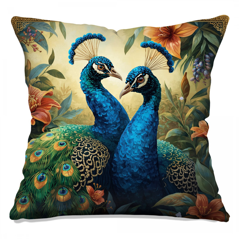 Coussins bleus avec paons et fleurs, 26 x 26 pouces