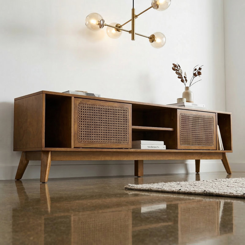 Meuble télé 67,9 po Mid-Century Rattan, Noyer clair