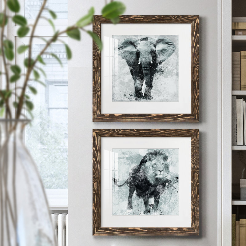 Proud Elephant - ensemble de 2 impressions encadrées, H 20 po x l 40 po x P 1,5 po, Encadré de bois de noyer