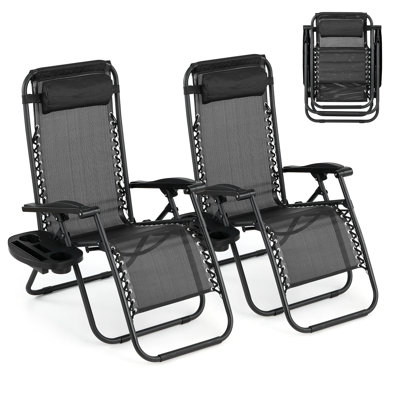 Patio Lounge Chairs Set of 2, Outdoor Recliner with Side Tray Headrest, Heavy Duty Steel Mesh Folding Chairs, Adjustable Portable