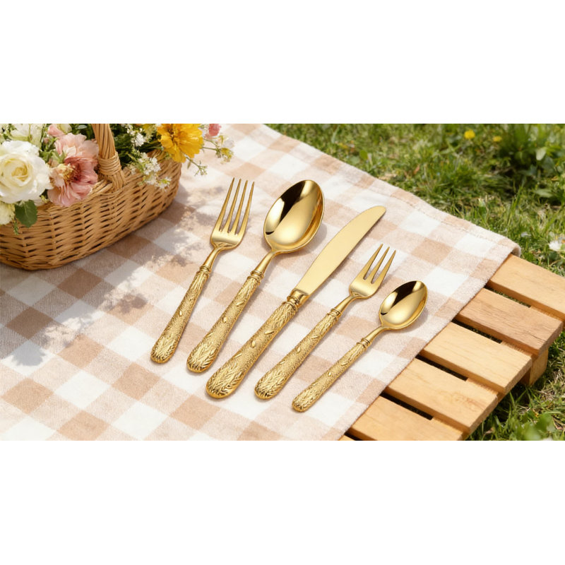 Ensemble de couverts 20 pièces en acier inoxydable avec oreilles de blé, ensemble de couverts en acier inoxydable 18/10 de qualité supérieure pour 4 personnes, finition dorée miroir