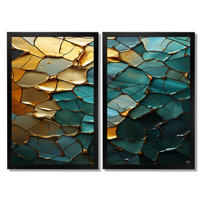Abstrait bleu sarcelle or calcaire cristallin - art mural grand marbre, impression sur toile abstraite bleu sarcelle 2 panneaux