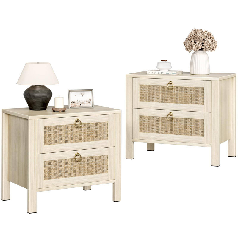 23.6'' Tall Boho Rattan Nightstand With 2-Drawer (Set Of 2), Large Wood Wide Night Stand