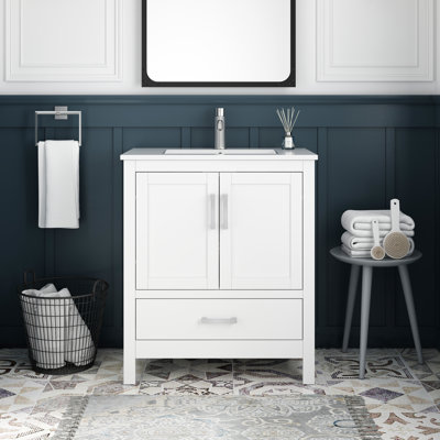 Plan de toilette en céramique de 76 cm avec lavabo intégré, blanc, robinet simple