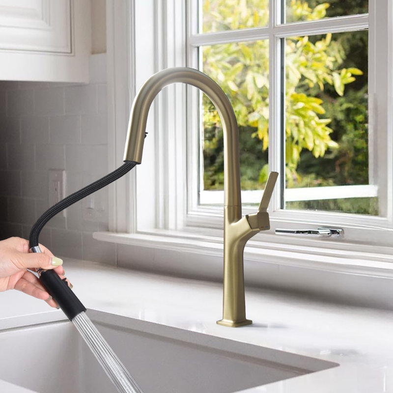 17.71" Solid Brass Single Hole Single Handle Pull Down Kitchen Faucet, Brushed Gold
