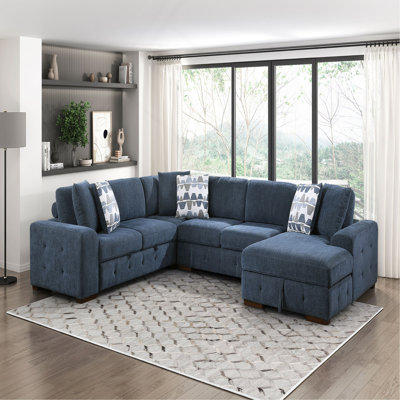 Modern 4-Piece Sectional Sofa Right Chaise Storage Pull out Bed Tufted Chenille Fabric Solid Wood Living Room Furniture