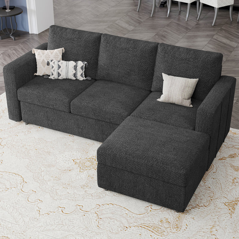 Rafael 5-Piece Chenille Apartment 3-Seat Sofa Sectional Sofa With Storage Ottoman, Dark Gray Chenille