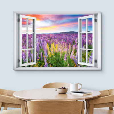 Fenêtre de paysage «Window View Lavender Flower Floral Botanical Sunset Nature Scenic Landscape» sur toile