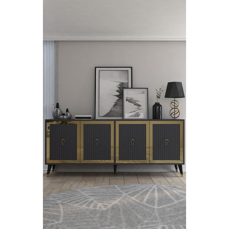 Modern Console Table with Wall-Mount Option, Anthracite & Gold, 100% Melamine Coated Particle Board, Thickness: 0.7 inches | Numerous Shelves for Storage & Display, Glam Design