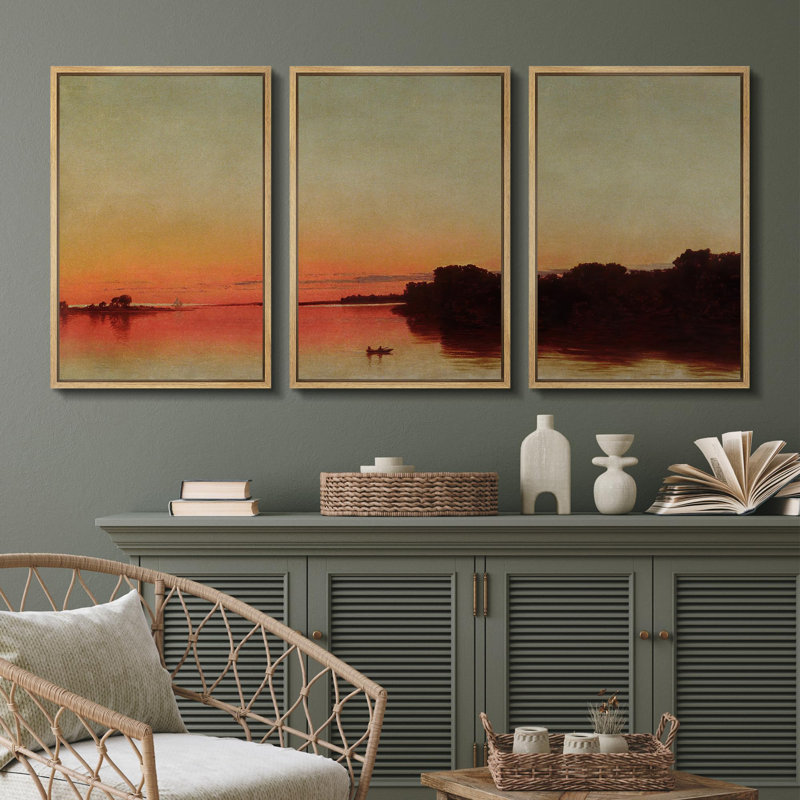 Beach And Waves " Sunset Reflections Serene River Nature Landscape Illustrations Modern Art Decor Rustic " 3 Piece Art Print