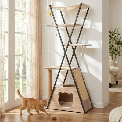 71" Modern Industrial Cat Tree: Multi-level Wooden Tower With Metal Frame & Washable Pads
