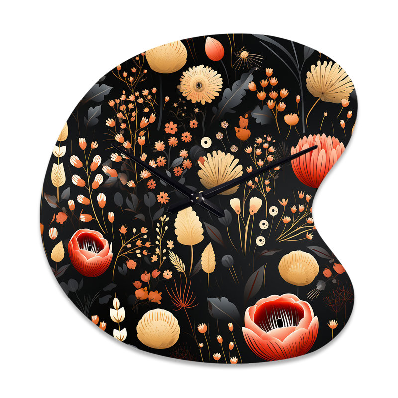 Motif floral Bohemian Bliss - horloge murale asymétrique florale en métal, impression d'horloge murale jaune, Grand
