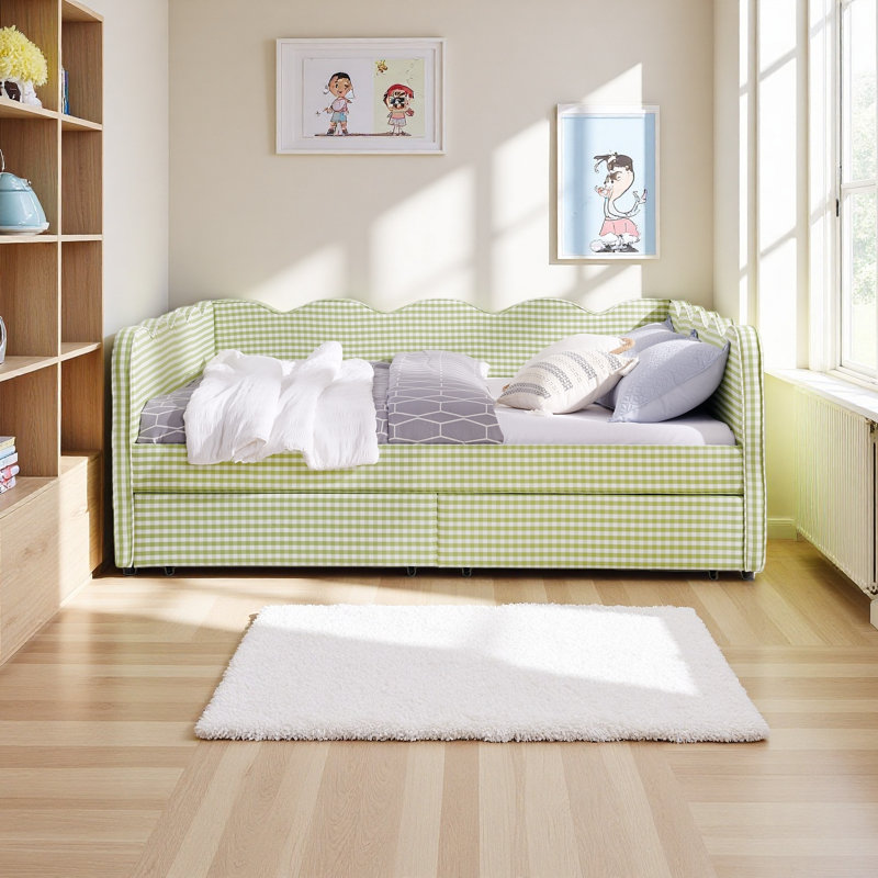 Cozy Gingham Daybed With Two Storage Drawers, With USB Port And Adorable Wave Shaped, Queen, Green