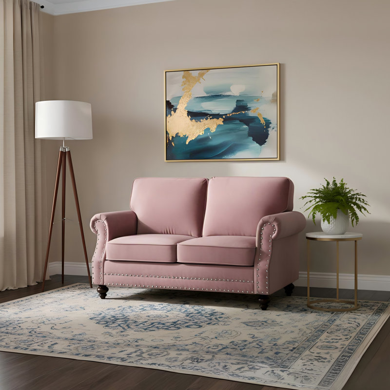 Canapé en velours traditionnel avec garniture cloutée et pieds en bois massif, L 61,42 po, Velours rose, Black