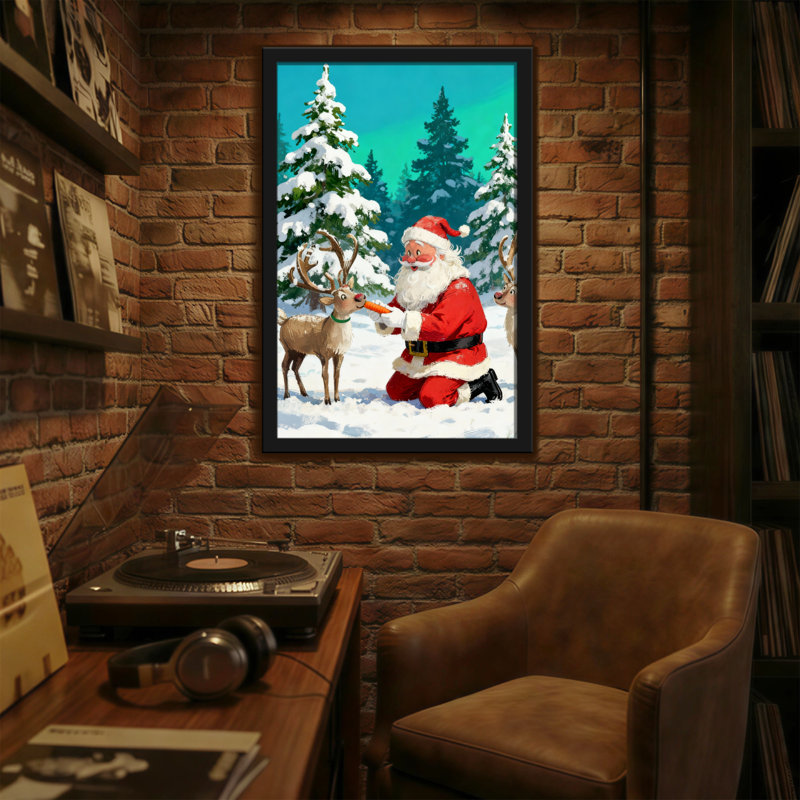 Père Noël de Noël nourrissant des rennes dans la forêt enneigée, H 36 po x l 24 po