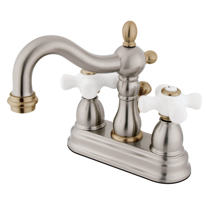 Robinet de salle de bain central à 4 poignées à fixation sur comptoir à 3 trous Kingston, Satin Nickel/Polished Brass