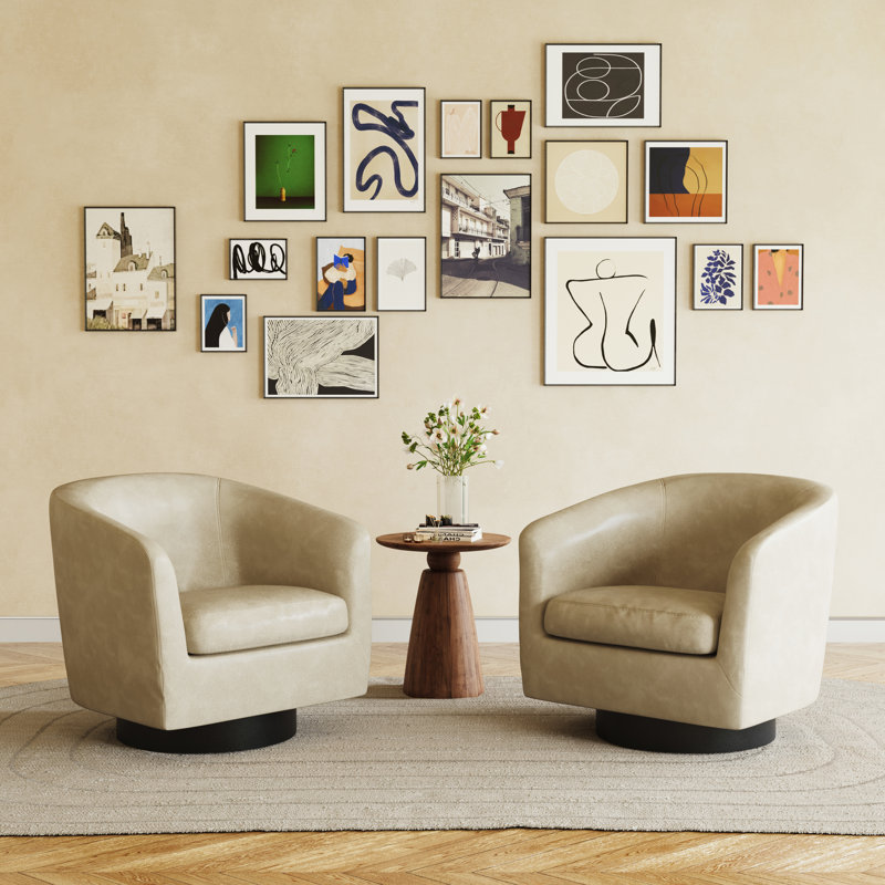 72Cm Wide Swivel Barrel Chair, Cream Faux Leather/Dark Brown Wood