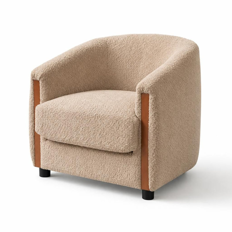 Fauteuil d'appoint moderne incurvé en forme de tonneau avec panneaux latéraux verticaux en bois massif, fauteuil rembourré en polaire douce avec coussin d'assise amovible, fauteuil lounge ergonomique
