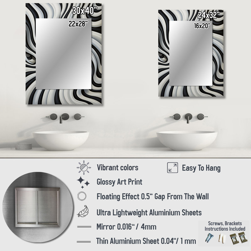 Black White Optical Art Dream III - Op Art Decorative Wall Mirror, Black Large Mirror, Printed Metal Art, 40" x 30"