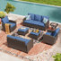 Ensemble de conversation d'extérieur en osier 7 personnes avec coussins, causeuses, chaises berçantes pivotantes, repose-pieds