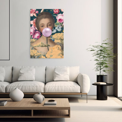 Affiche murale fleurie surréaliste avec motif de gomme à mâcher, portrait classique, onirique et élégant de fleurs