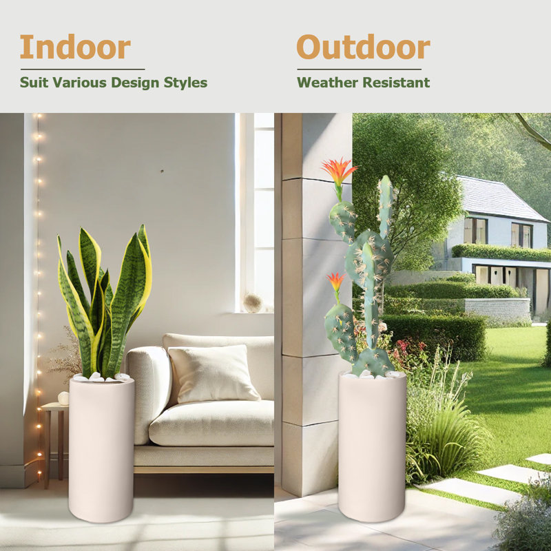  Indoor/Outdoor Small Kilim Beige Fiberstone Tubo Planter - D10" x H19.5" - Opening 8.2", Kilim Beige
