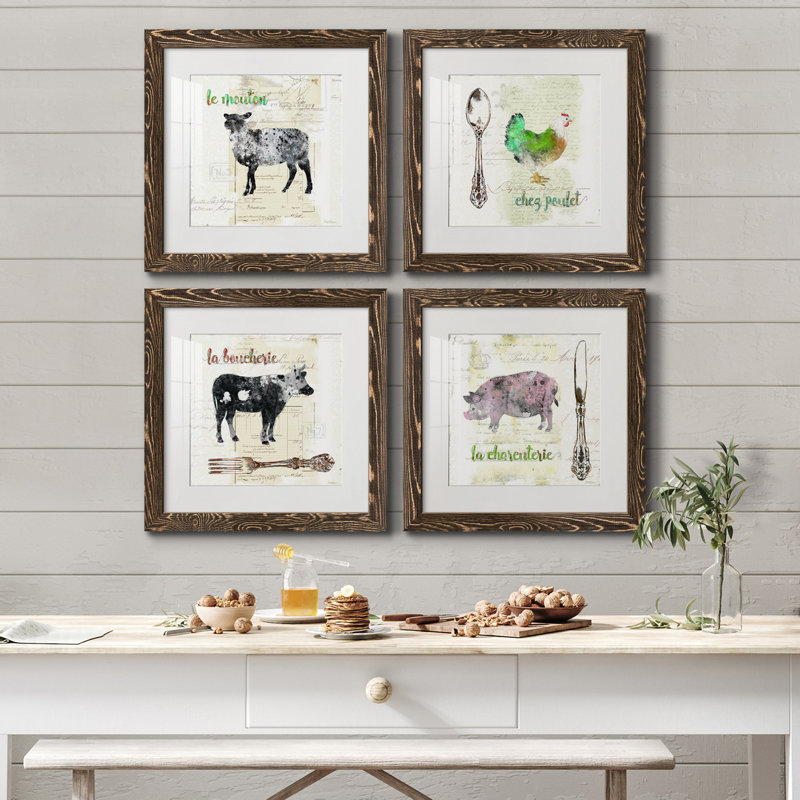Golden Cuisine Sheep - Ensemble de 4 impressions sur toile encadrées, H 35,5 po x l 71 po x P 1,5 po, Cadre blanc