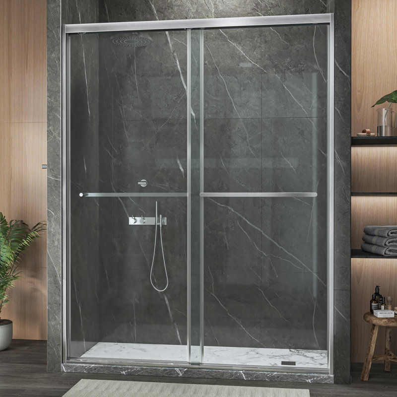 Porte de douche coulissante double semi-sans cadre l 56 à 60 po x H 76 po avec verre trempé transparent de 5/16 po (8 mm)