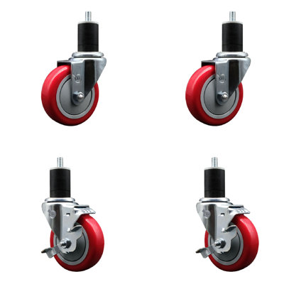 Poly Wheel Swivel Expanding Stem Caster Set 2 Brakes SCC TLB 4" x 1-3/4"
