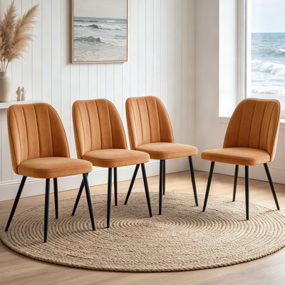 Velvet/Suede Upholstered Dining Chairs with Channel-Tufted Backrest and Metal Legs
