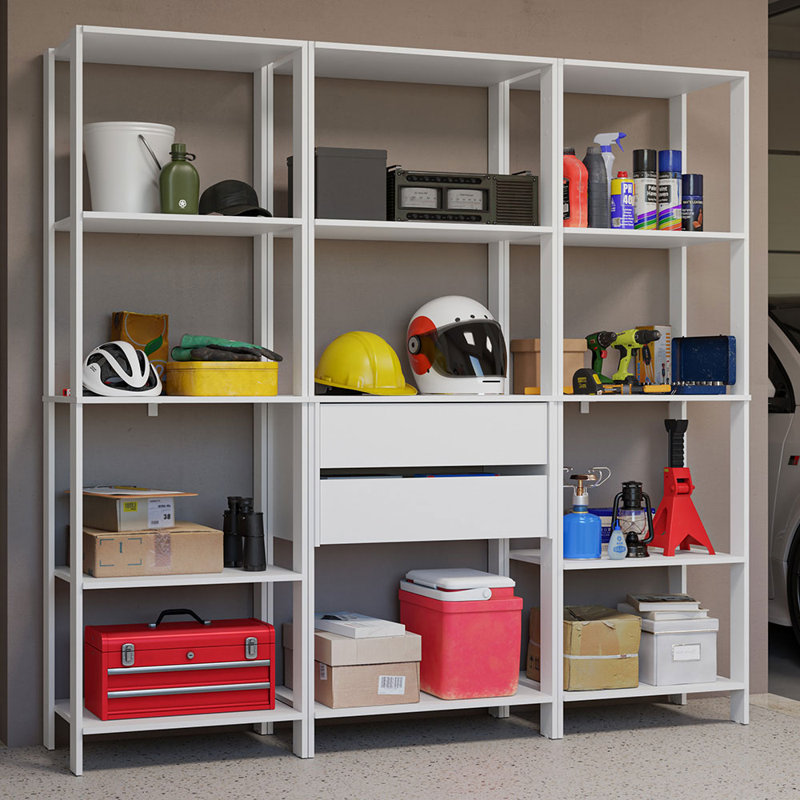  Étagère de rangement pour garage avec 2 tiroirs et tablettes ouvertes, Blanc
