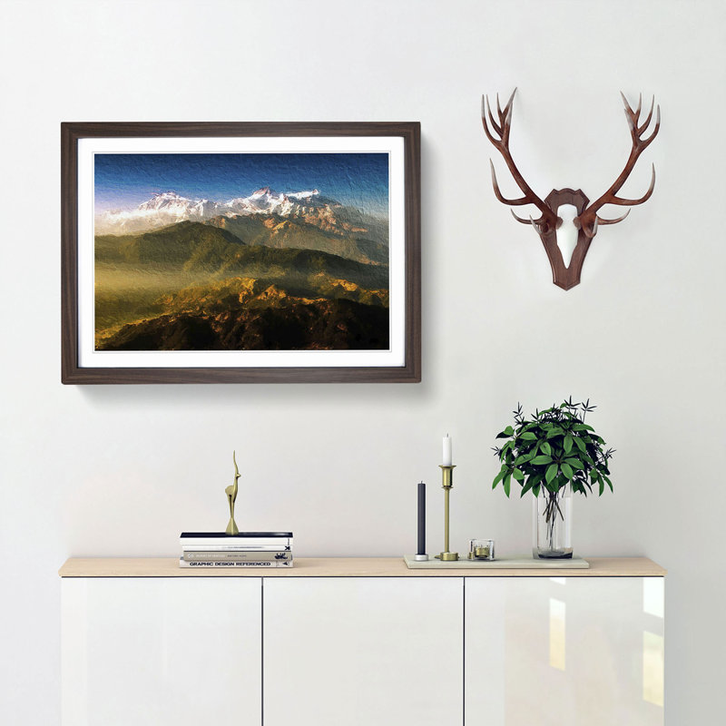 Sunlight Bathing the Mountains in Nepal - Picture Frame Painting Print, 27cm H x 36cm W x 2cm D, Walnut Framed