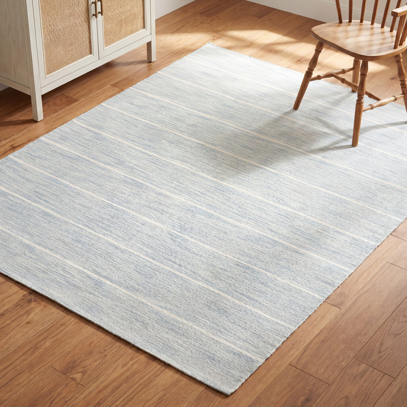 Tapis bleu / beige en laine tissé à plat à la main Aldine, Rectangle 6 pi x 9 pi
