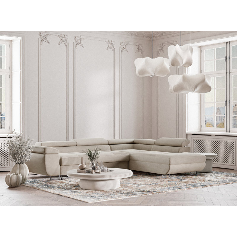4 Seater Reclining Corner Sofa , Beige Polyester/Chenille, Right Hand Facing