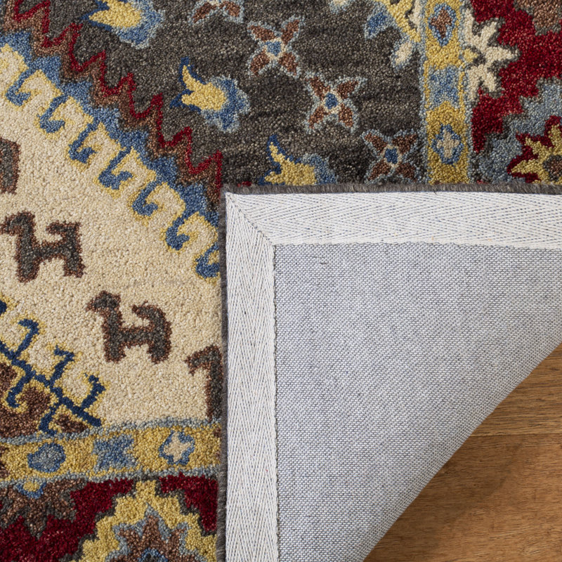 Tapis rouge / ivoire / bleu en laine / coton touffeté à la main Armintha, Rond 6 pi