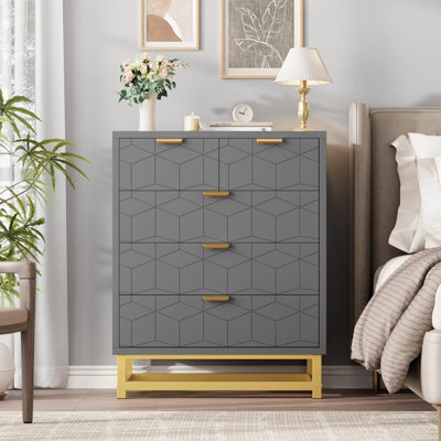 Grey 5-Drawer Dresser with Metal Legs, Modern Storage Chest for Bedroom, Entryway