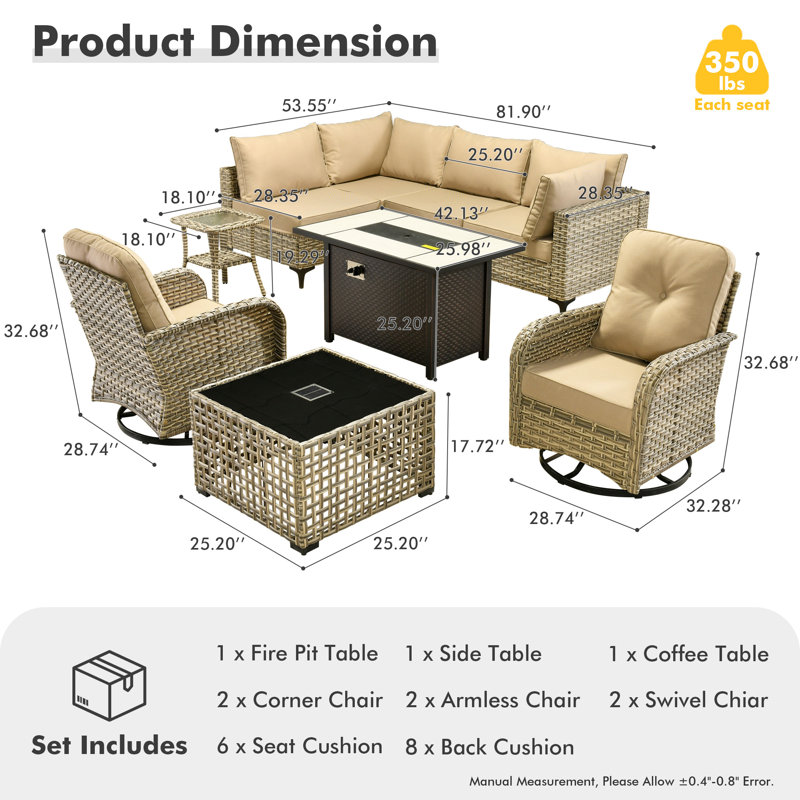 Emroy 6 - Person Outdoor Wicker Sectional Seating Group with Lighted Coffee Table and Swivel Chairs, All Weather Modular Rattan Conversation Set with Cushions
