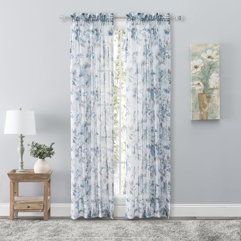 Bremen Elegant Water-Color Floral Semi-Sheer Single Curtain Panel, 54"W x 84"L, Blue