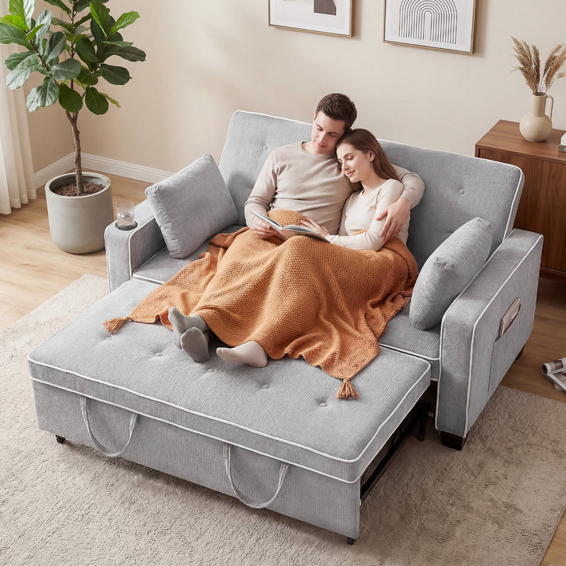 64.8" Full Square Arm Tufted Back Convertible Sleeper Sofa with Cushions and Cup Holder, Light Gray