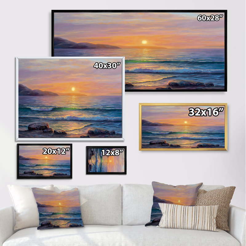 Lumière du matin sur les vagues de la mer - photographie sur toile, H 12 po x l 20 po x P 1 po, Cadre doré