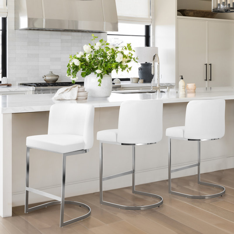 Bittencourt 26'' Upholstered Counter Stool, Faux Leather-White