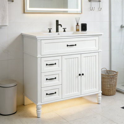 Meuble-lavabo 36 po avec lavabo en céramique, rangement de tiroir, structure en bois massif et panneau de fibres à densité moyenne