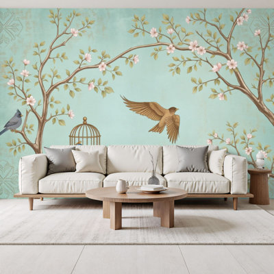 Peel and Stick Wallpaper Birds Blossoming Branches Hanging Cage Soft Blue Wall Murals 69"H x 96"W Removable PVC Wall Paper Self-Adhesive Wall Decor for Bedroom Living Room Home Office